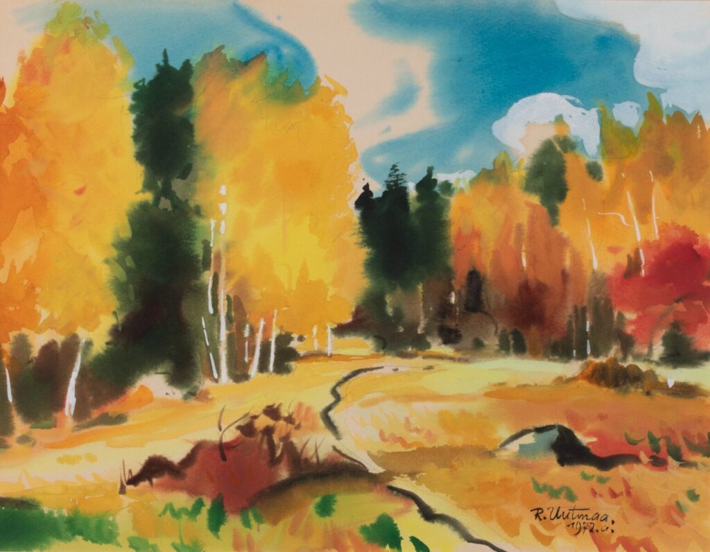 Richard Uutmaa imeliselt üksteise sisse sulanduvate lopsakate sügisvärvide gamma akvarellis "Kuldne sügis" (1972).