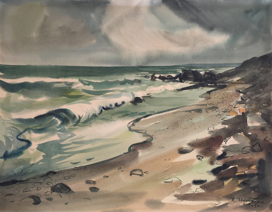 Richard Uutma 1971. aastal valminud pastelne mererand enne tormi - akvarelli paremale poole jääb kõrgem pruunides toonides kallas, mille poole liiguvad valge vahuga lained. Taamal on hallikas taevas heledama valgusviiruga. Linus Art Gallery.