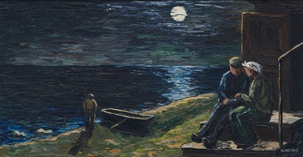 Boris Ninemäe õlimaal „Et olla koos...“. Öine ja pastoosne rannavaade täiskuu valguses. Paremal esiplaanil istuvad trepil mees ja pearätiga naine, hoides teineteise lähedale. Vasakul seisab rannal üksik meesfiguur paadi kõrval, vaadates merele, kus peegeldub hele kuusirp. Teos on maalitud sügavates tumesinistes ja rohekates toonides, rõhutades öist rahu ja intiimsust.