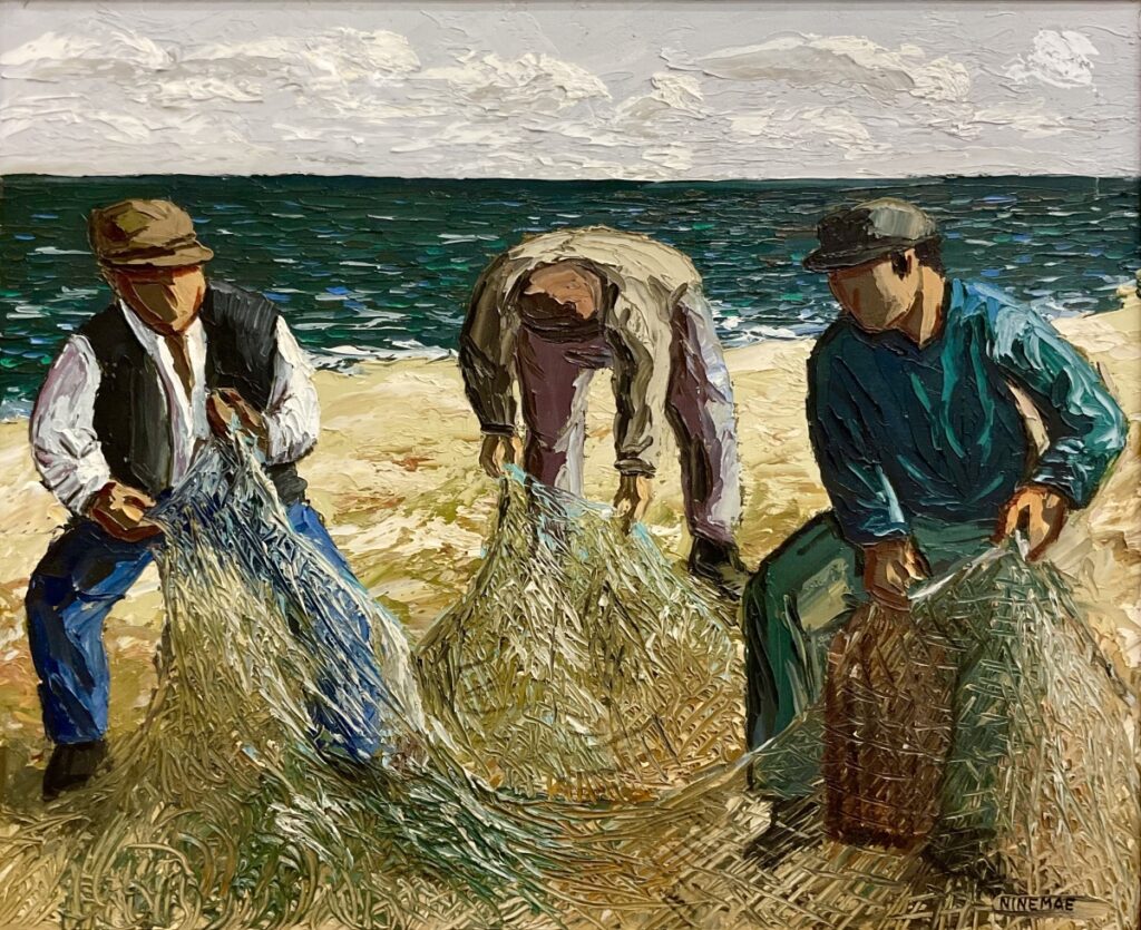 Boris Ninemäe maal 1960.-70. aastatest, mille esiplaanil on kolm võrkudega askeldavat meest merekaldal pärast tormist ööd. Linus Art Gallery.