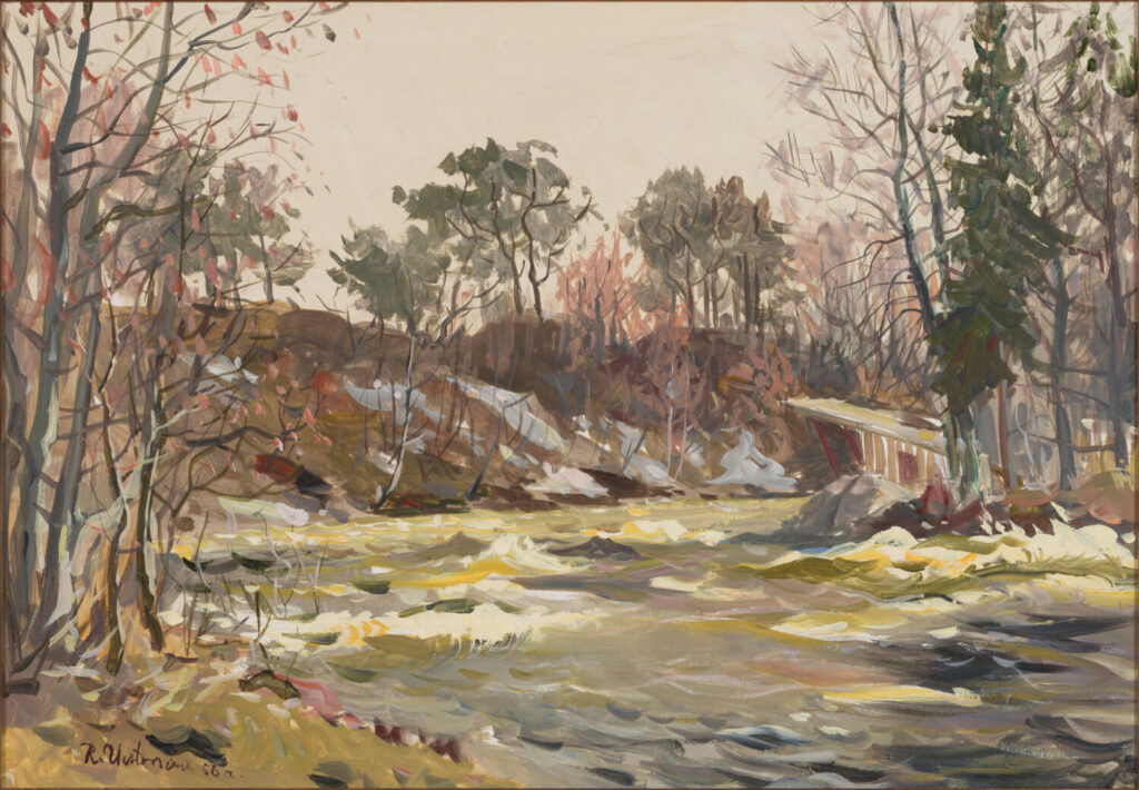 Richard Uutmaa 1956. aasta õlimaal Pirita jõekäärust vahutavate lainete ja kõrge kaldapealsega puudega. Linus Art Gallery.