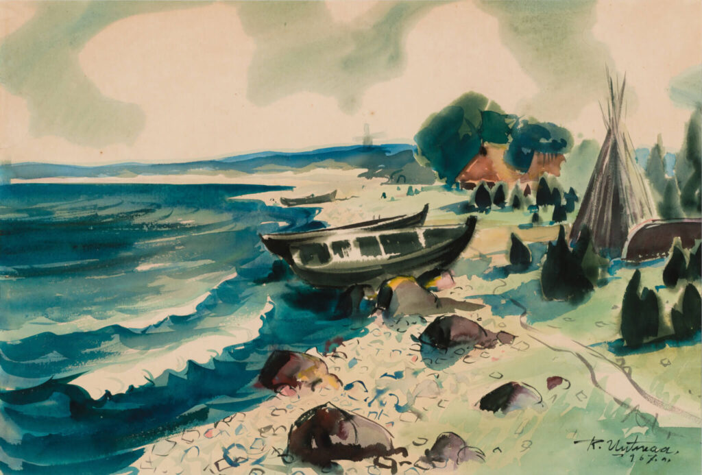 Richard Uutmaa akvarell „Saaremaa“ (1967). Maaliline vaade rannikule, kus esiplaanil on kivine rand ja kuivale tõmmatud kalapaadid. Taamal paistavad kadakad, rannamaja ja tuuliku siluett sinise mere taustal.