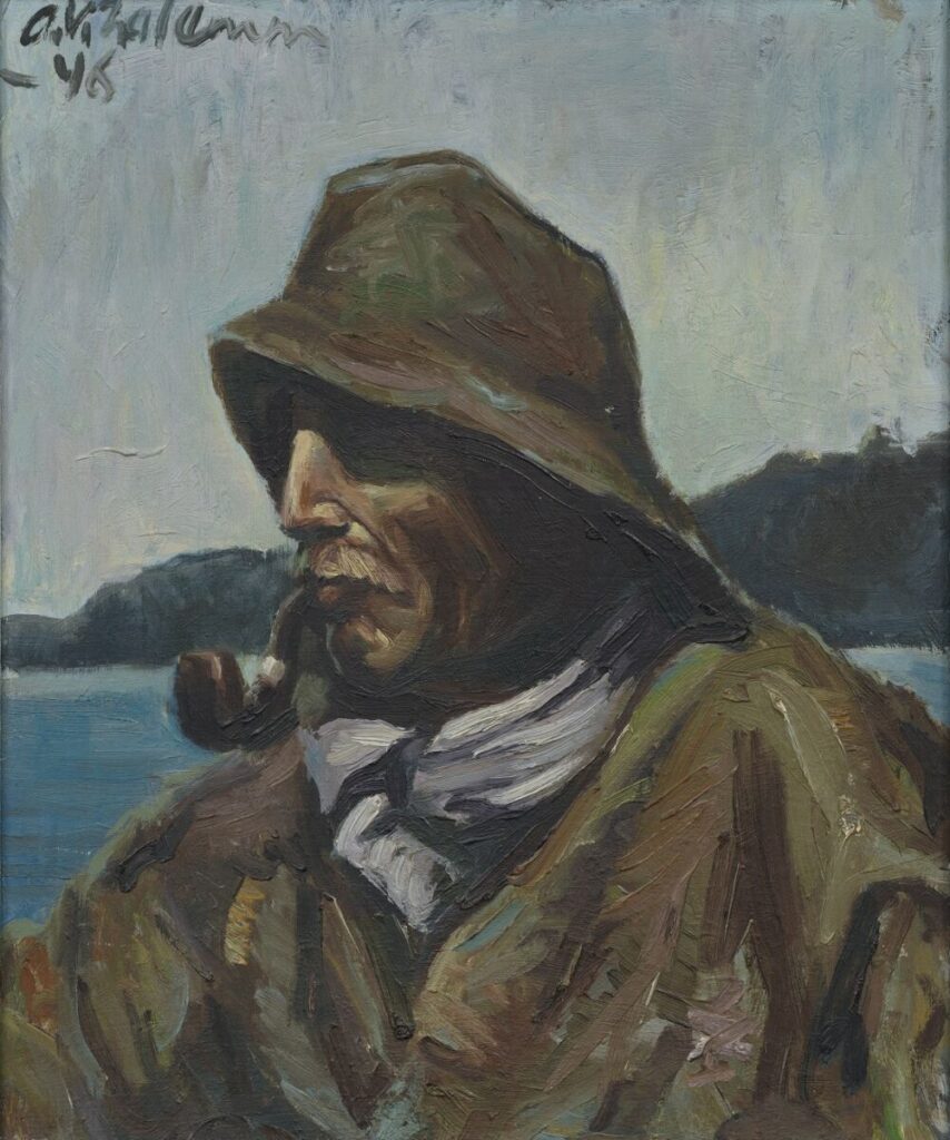Arno Vihalemma 1946. aastal valminud tumedates toonides kuue ja kalurimütsiga vana kalur heledama salliga kaelas ja piibuga. suus, taustal mets ja järvesina. Linus Art Gallery.